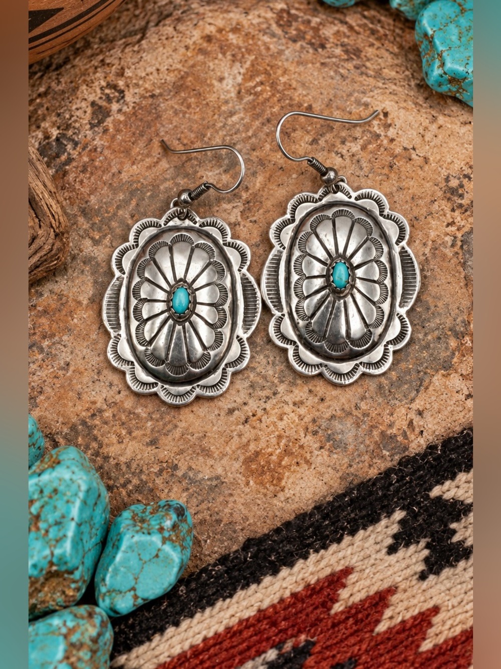 Vintage Navajo Native American Sterling Silver Turquoise Concho Dangle Earrings